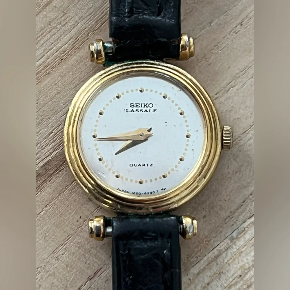 Seiko Lassale Rare Ladies Watch Vintage Stainless Dial Gold-Tone Case Leather